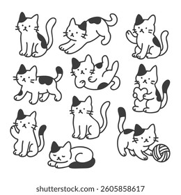 Flat cat poses set. Cartoon kittens are posing in collection poses