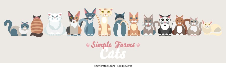 Flat cats family isolated vector set. Long banner cartoon illustration domestic cats. Logo icons art symbols fun adorable pets. Sign flat style modern portrait different isolated friendly cute cats