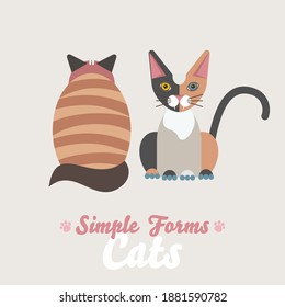 Flat cats sitting back and front view isolated vector. Cartoon illustration domestic tabby red and red black chimera cats logo icon. Art symbol adorable pets. Sign flat style portrait cute cats