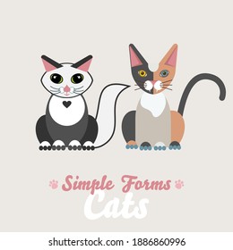 Flat cats sitting front view isolated vector. Cartoon illustration domestic black and white and red black chimera cats logo icon. Art symbol adorable pets. Sign flat style portrait cute cats