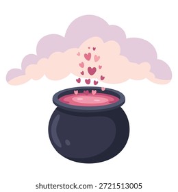 Flacher Kessel, Vektorgrafik mit Liebestrank, Design-Element, perfekt für magische Fantasy-Hexerei, Tränke, Thema Cartoon oder dekorative kreative Kunstwerke