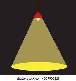 Flat ceiling lamp concept isolated on black background. Red celling lamp with electricity light. Light in dark black room. Electricity and technology conceptual vector illustration.
