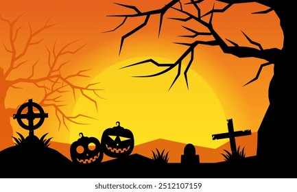 flat celebration of Halloween background with silhouette pumpkin and spooky tree