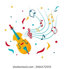 Concepto de violonchelo plano de instrumento musical sobre fondo texturizado. Vector Imagen de tocar violoncello con notas para tarjeta. Ilustración dibujada a mano con iconos y objetos musicales para póster o Anuncio