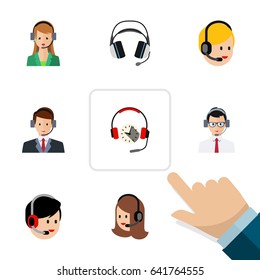 Flat Center Set Of Call Center, Earphone, Headphone And Other Vector Objects. Also Includes Secretary, Service, Center Elements.