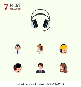 Flat Center Set Of Earphone, Hotline, Call Center And Other Vector Objects. Also Includes Headphone, Online, Center Elements.