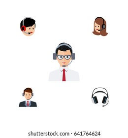 Flat Center Set Of Help, Earphone, Operator And Other Vector Objects. Also Includes Headset, Help, Secretary Elements.