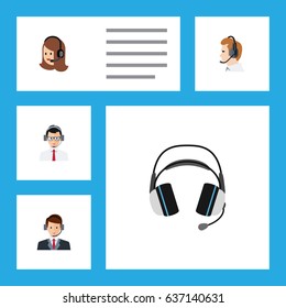 Flat Center Set Of Help, Telemarketing, Hotline And Other Vector Objects. Also Includes Online, Center, Headphone Elements.