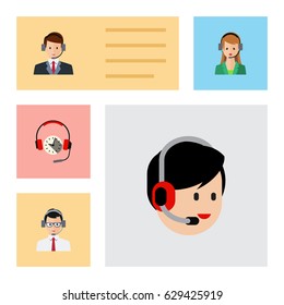 Flat Center Set Of Secretary, Operator, Hotline And Other Vector Objects. Also Includes Human, Help, Earphone Elements.