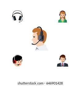 Flat Center Set Of Telemarketing, Hotline, Operator And Other Vector Objects. Also Includes Headphone, Headset, Support Elements.