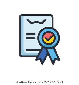 Icono de certificado plano con insignia y cintas. Símbolo de garantía de calidad y Aprobación empresarial con un estilo sencillo.