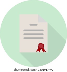 flat certificate with red stamp icon with shadow on green background