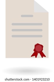 flat certificate with red stamp icon with shadow isolated