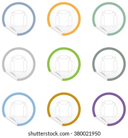 Flat chair icon on sticker for floor plan outline. EPS10 vector furniture illustration. View from above