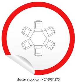Flat chair and table icon on sticker for floor plan outline. Line editable EPS10 vector furniture illustration. View from above