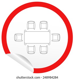 Flat chair and table icon on sticker for floor plan outline. Line editable EPS10 vector furniture illustration. View from above