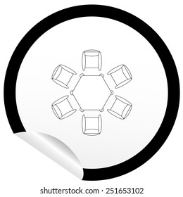 Flat chair and table icon on sticker for floor plan outline. Line editable EPS10 vector furniture illustration. View from above