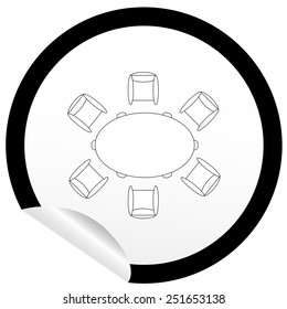 Flat chair and table icon on sticker for floor plan outline. Line editable EPS10 vector furniture illustration. View from above