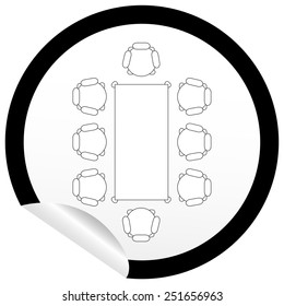 Flat chair and table icon on sticker for floor plan outline. Line editable EPS10 vector furniture illustration. View from above