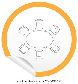 Flat chair and table icon on sticker for floor plan outline. Line editable EPS10 vector furniture illustration. View from above