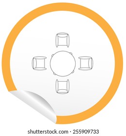 Flat chair and table icon on sticker for floor plan outline. Line editable EPS10 vector furniture illustration. View from above