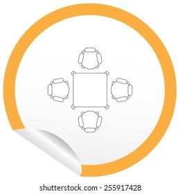 Flat chair and table icon on sticker for floor plan outline. Line editable EPS10 vector furniture illustration. View from above