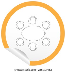 Flat chair and table icon on sticker for floor plan outline. Line editable EPS10 vector furniture illustration. View from above
