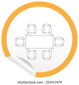 Flat chair and table icon on sticker for floor plan outline. Line editable EPS10 vector furniture illustration. View from above