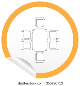 Flat chair and table icon on sticker for floor plan outline. Line editable EPS10 vector furniture illustration. View from above