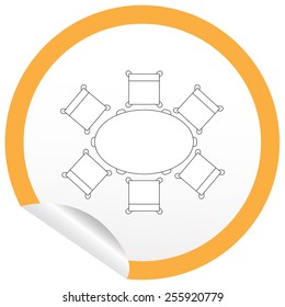 Flat chair and table icon on sticker for floor plan outline. Line editable EPS10 vector furniture illustration. View from above