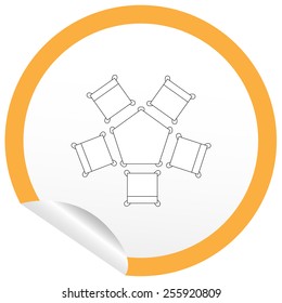 Flat chair and table icon on sticker for floor plan outline. Line editable EPS10 vector furniture illustration. View from above