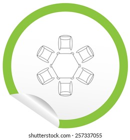 Flat chair and table icon on sticker for floor plan outline. Line editable EPS10 vector furniture illustration. View from above
