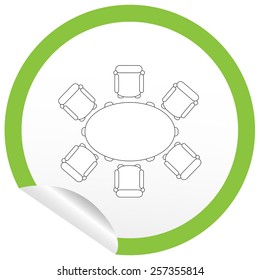 Flat chair and table icon on sticker for floor plan outline. Line editable EPS10 vector furniture illustration. View from above
