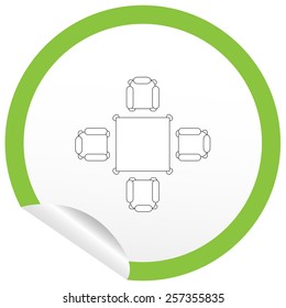 Flat chair and table icon on sticker for floor plan outline. Line editable EPS10 vector furniture illustration. View from above