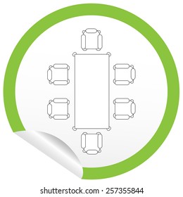 Flat chair and table icon on sticker for floor plan outline. Line editable EPS10 vector furniture illustration. View from above