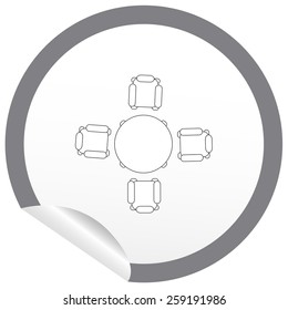Flat chair and table icon on sticker for floor plan outline. Line editable EPS10 vector furniture illustration. View from above