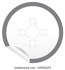 Flat chair and table icon on sticker for floor plan outline. Line editable EPS10 vector furniture illustration. View from above