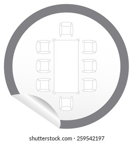 Flat chair and table icon on sticker for floor plan outline. Line editable EPS10 vector furniture illustration. View from above