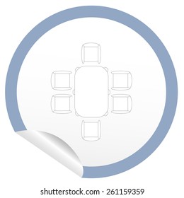 Flat chair and table icon on sticker for floor plan outline. Line editable EPS10 vector furniture illustration. View from above