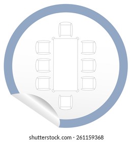 Flat chair and table icon on sticker for floor plan outline. Line editable EPS10 vector furniture illustration. View from above
