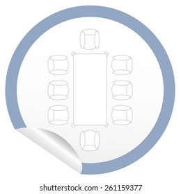 Flat chair and table icon on sticker for floor plan outline. Line editable EPS10 vector furniture illustration. View from above