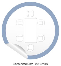 Flat chair and table icon on sticker for floor plan outline. Line editable EPS10 vector furniture illustration. View from above