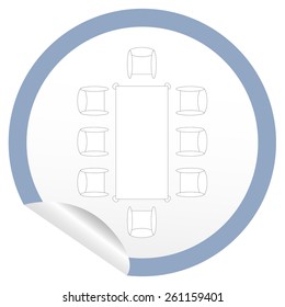 Flat chair and table icon on sticker for floor plan outline. Line editable EPS10 vector furniture illustration. View from above