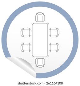 Flat chair and table icon on sticker for floor plan outline. Line editable EPS10 vector furniture illustration. View from above