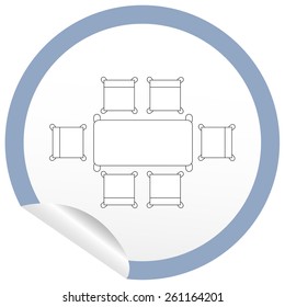 Flat chair and table icon on sticker for floor plan outline. Line editable EPS10 vector furniture illustration. View from above