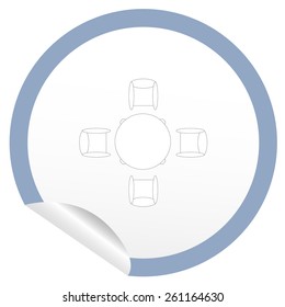 Flat chair and table icon on sticker for floor plan outline. Line editable EPS10 vector furniture illustration. View from above