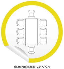 Flat chair and table icon on sticker for floor plan outline. Line editable EPS10 vector furniture illustration. View from above