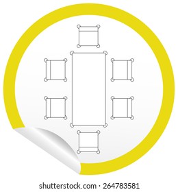 Flat chair and table icon on sticker for floor plan outline. Line editable EPS10 vector furniture illustration. View from above