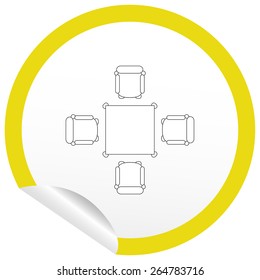 Flat chair and table icon on sticker for floor plan outline. Line editable EPS10 vector furniture illustration. View from above
