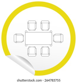 Flat chair and table icon on sticker for floor plan outline. Line editable EPS10 vector furniture illustration. View from above
